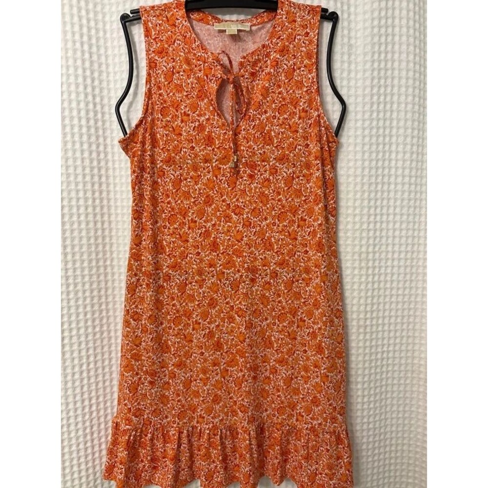 Michael Kors Orange Floral Sleeveless Tie Neck Dress Size M